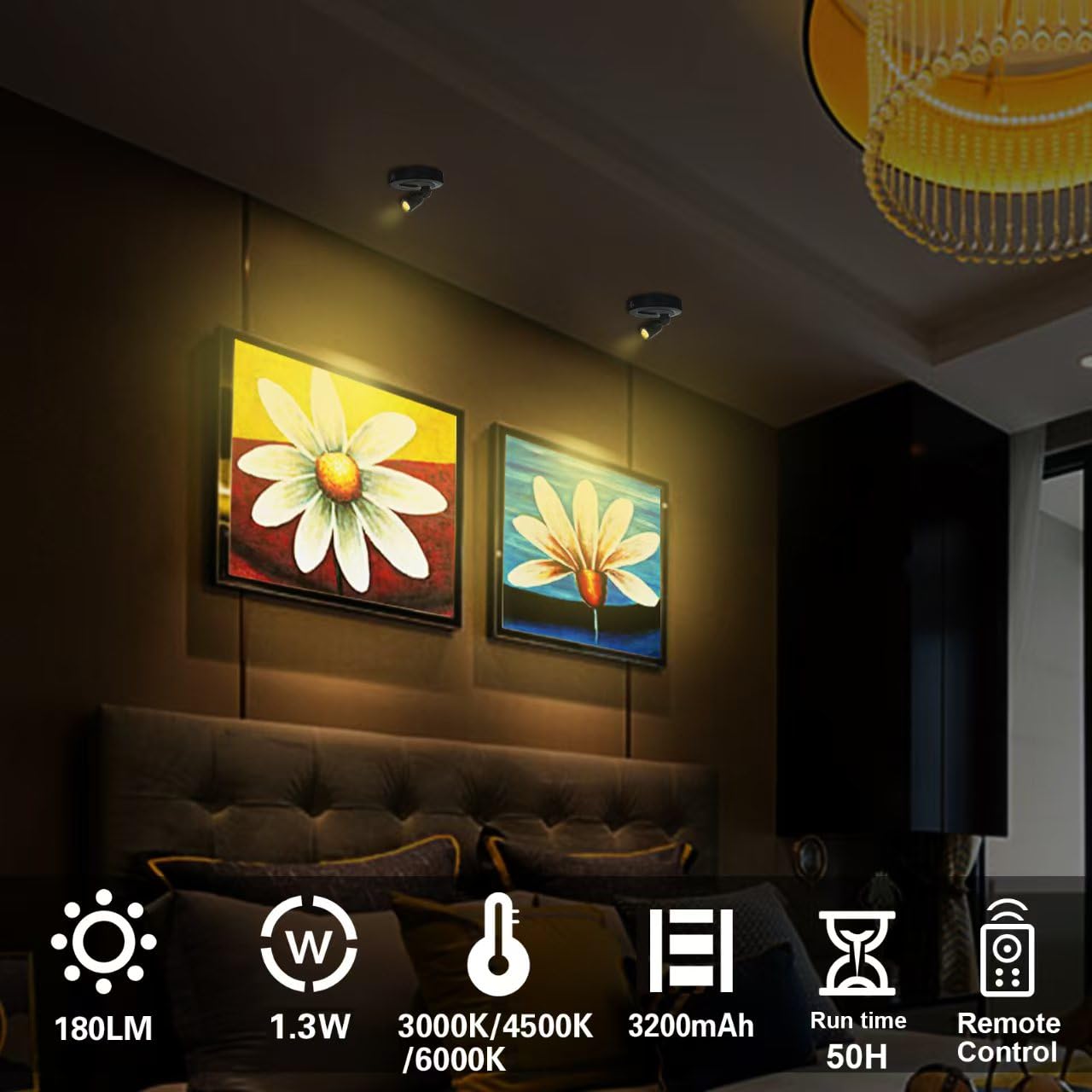 Hamvidne Rechargeable Led Spotlight  3 Lighting Modes Indoor Spotlights  Battery Powered Spot Lights With Remote  Up Light For Plants  Timer Dimmable Picture Light For Wall Artwork-Black