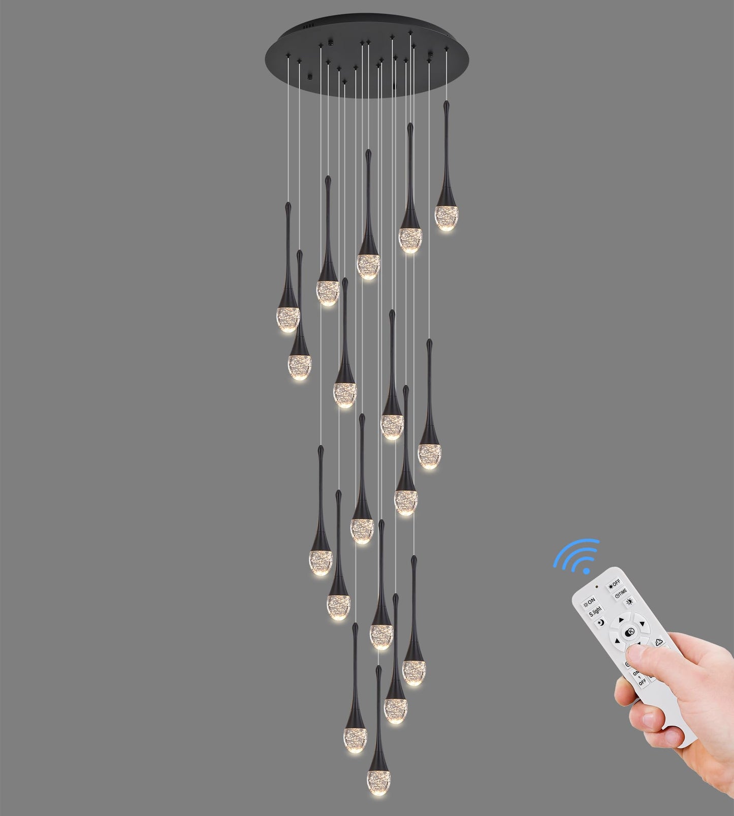 Upfelw Modern Crystal Chandelier 18 Lights Polished Black Large High Ceiling Spiral Dimmable LED Model UCC-B18-0436