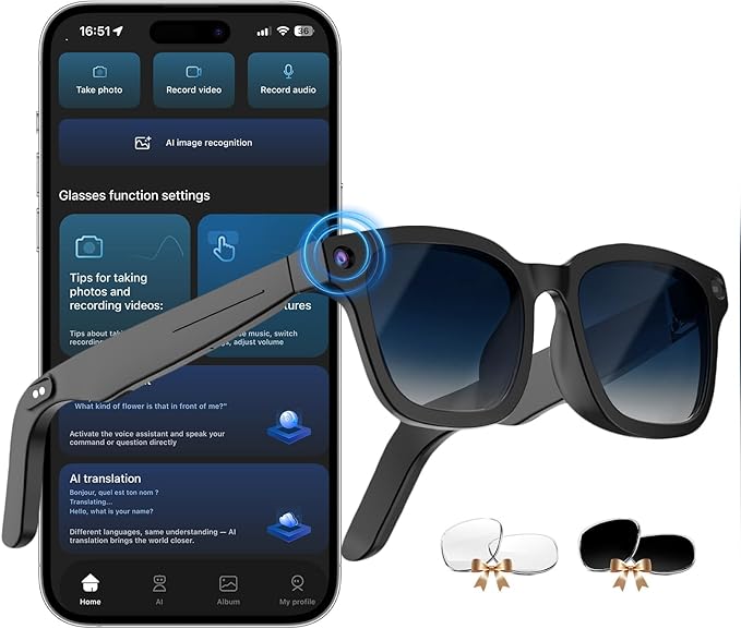 AI Smart Glasses with ChatGPT, 8MP Camera Glasses with Camera and Audio, AI Translation Sunglasses with 164 Languages, Blu...