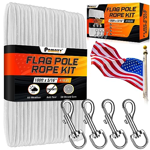 [Upgraded] 5/16” 100Ft Flagpole Rope Kit with 4 Pcs 3.3” Swivel Snap Hook - High Weight Bearing Anti-Tearing Utility Rope ...