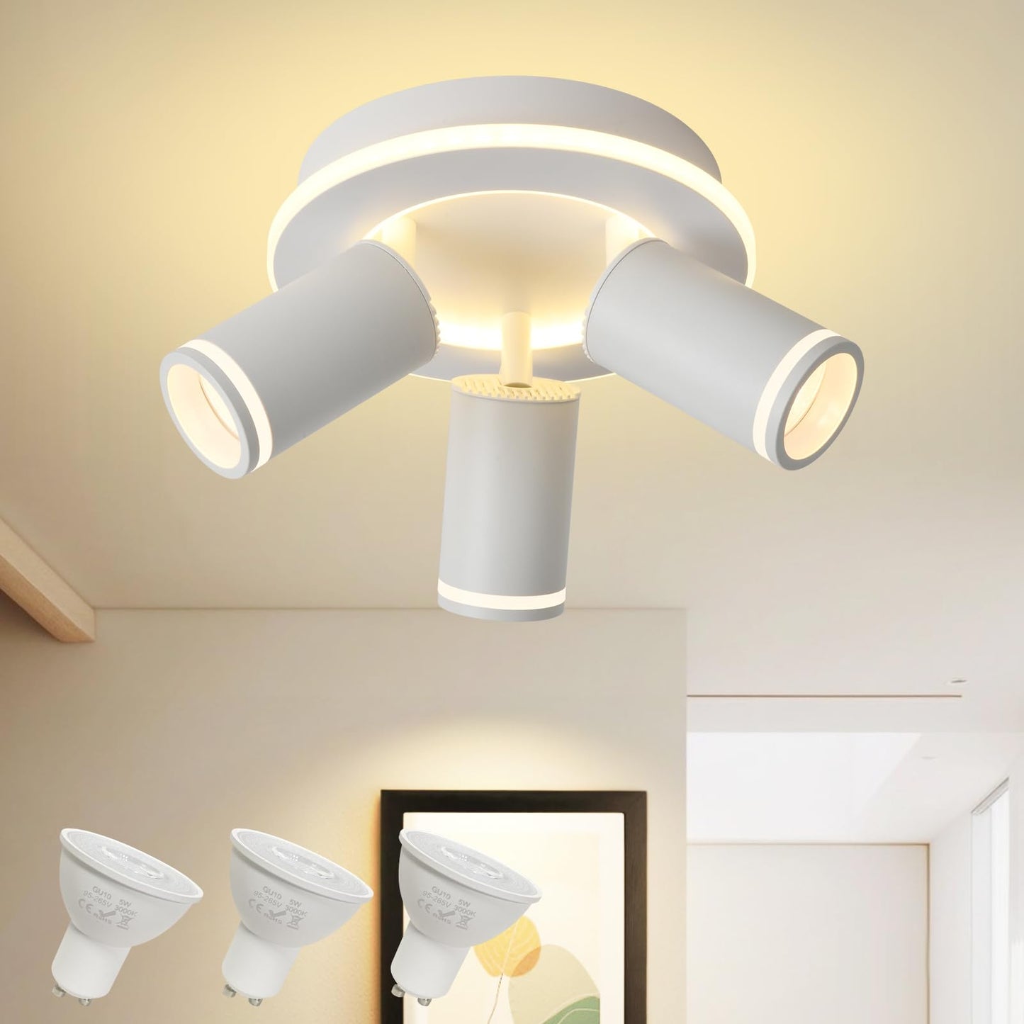 LED 3 Light Track Lighting Kit, White Round Ceiling Spot Lighting Fixture with Flexibly Rotatable Heads, Modern Spotlight for Kitchen, Living Room, Bedroom, Dual Lighting Design,Includes 3 x GU10 Bulb