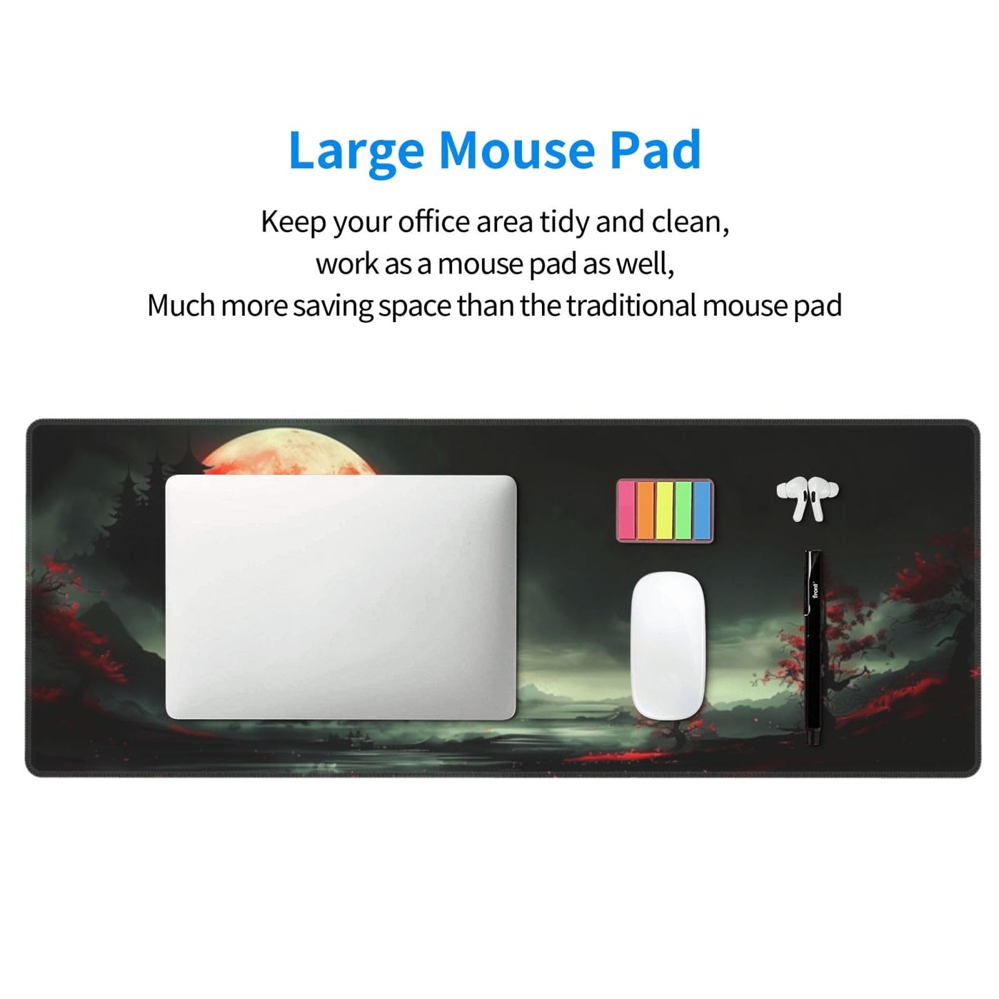 Extended Gaming Mouse Pad, Large Desk Mat XL Anime Mouse Pad Waterproof with Stitched Edges, Non-Slip Desktop Pad for Home and Office, Level Up Your 31.5x11.8 Inch (Red Moon)