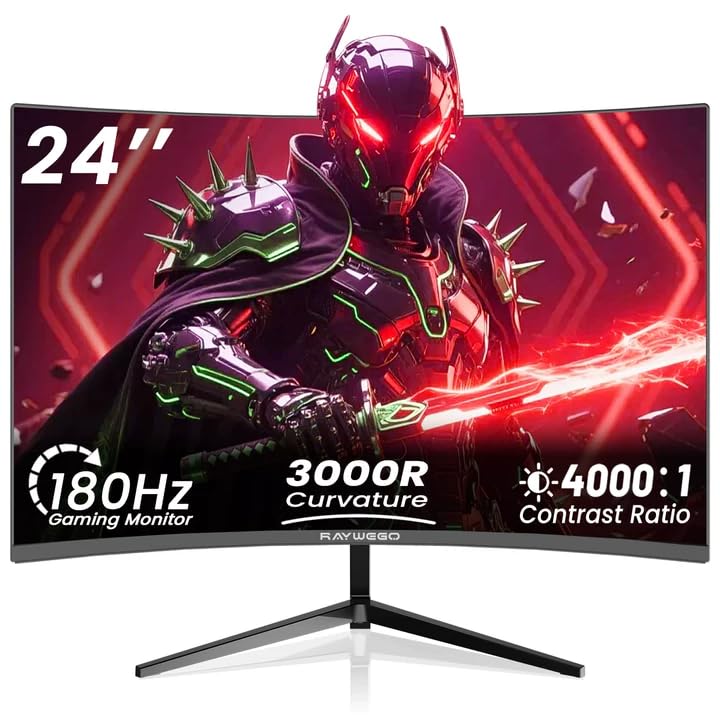 Raywego 24-inch Curved Gaming Monitor Frameless,180Hz/144Hz Monitor 1080P,4000:1 Contrast Ratio,HDMI 2.0/DP 1.4/USB 2.0,FreeSync,Crosshair/Timer/FPS/RTS,Tilt Adjustable(DP Cable Included)