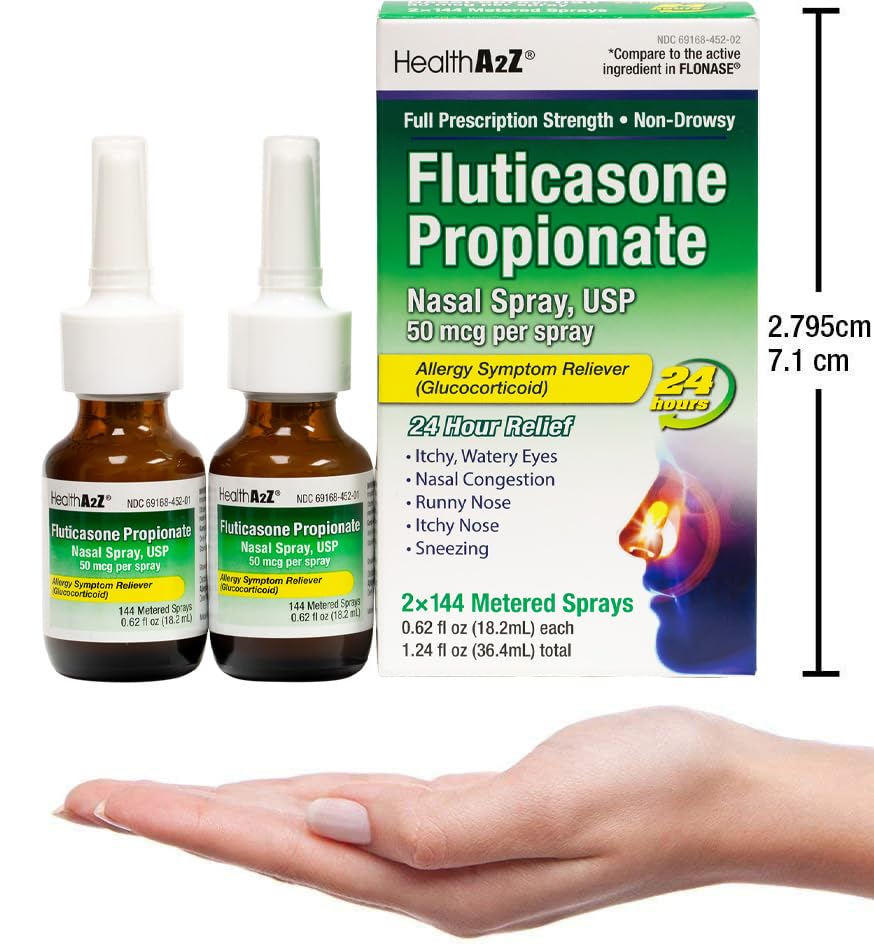 HealthA2Z® Fluticasone Propionate Nasal Spray | 50 mcg per Spray | 24 Hour Allergy Relief | 144 Sprays | 0.62 fl oz. (18.2mL) (0.62 fl oz. (Pack of 2))