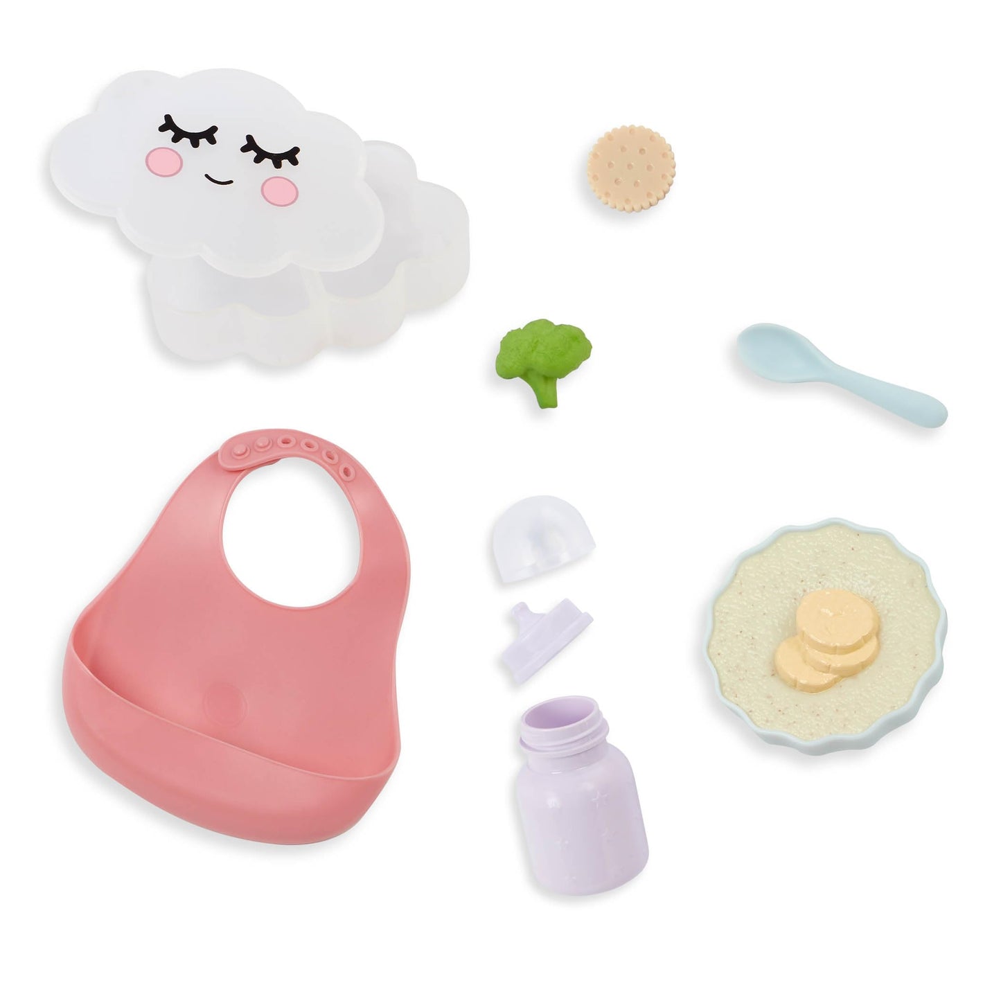 LullaBaby – Pretend Food Set – 10 Pieces Meal Time Accessories – Bib, Spoon & Cloud Food Container – 14-Inch Baby Doll Accessories – Pretend Play 2+ Years– Baby Doll Feeding Set