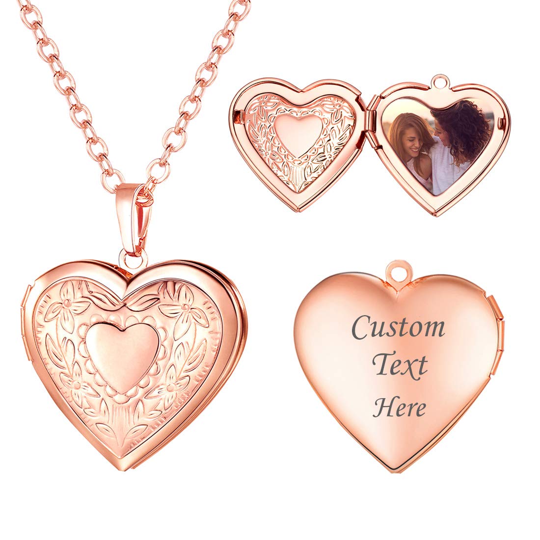 U7 Rose Gold Locket Necklace with Rolo Chain 22 Inch, Romantic Flower Heart Photo Locket Pendant for Women