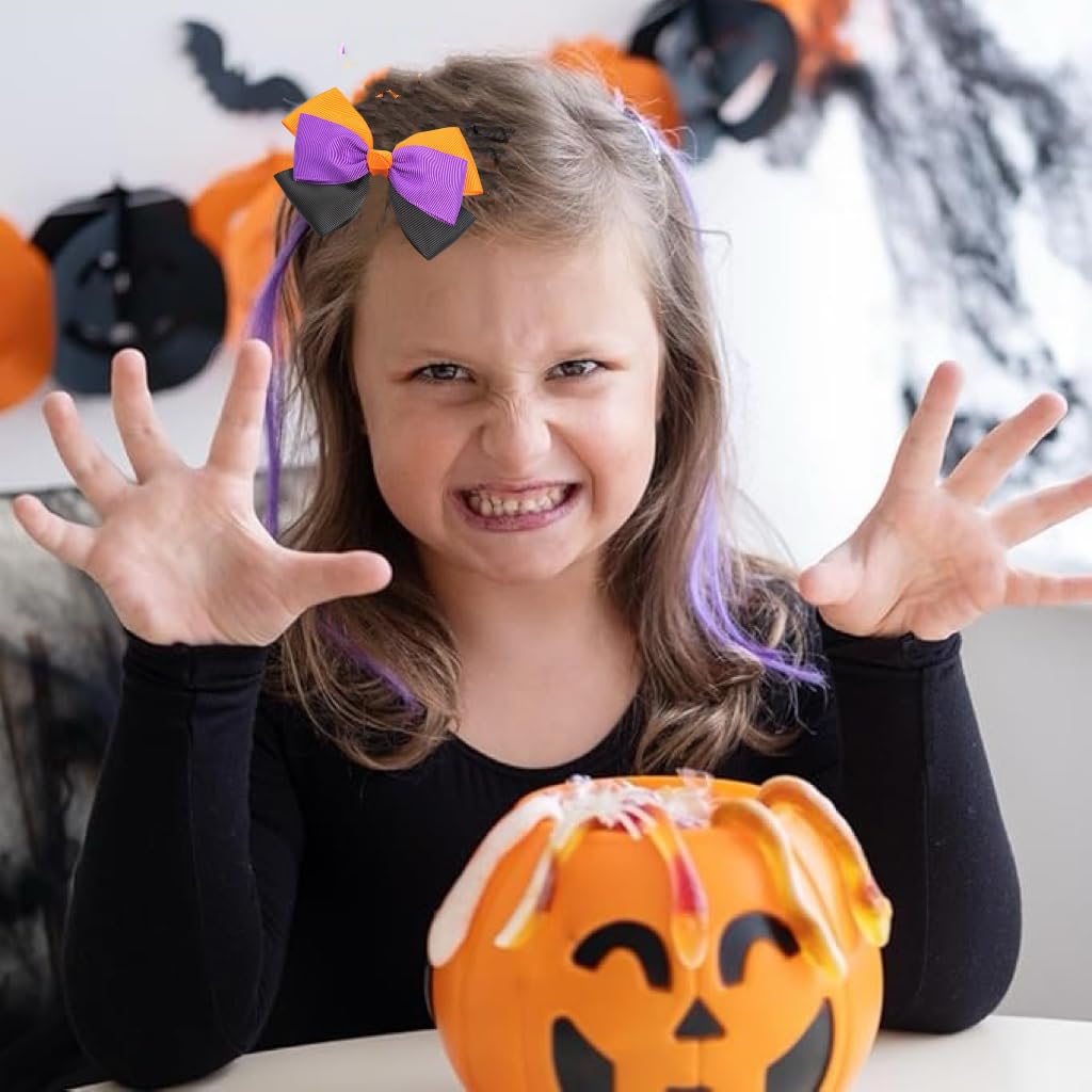 Halloween Hair Bow Clips 3.5 Inch for Toddler Teen Girls, Orange Black Purple Ribbon Bow Barrette Alligator Hair Pins, Women Kid