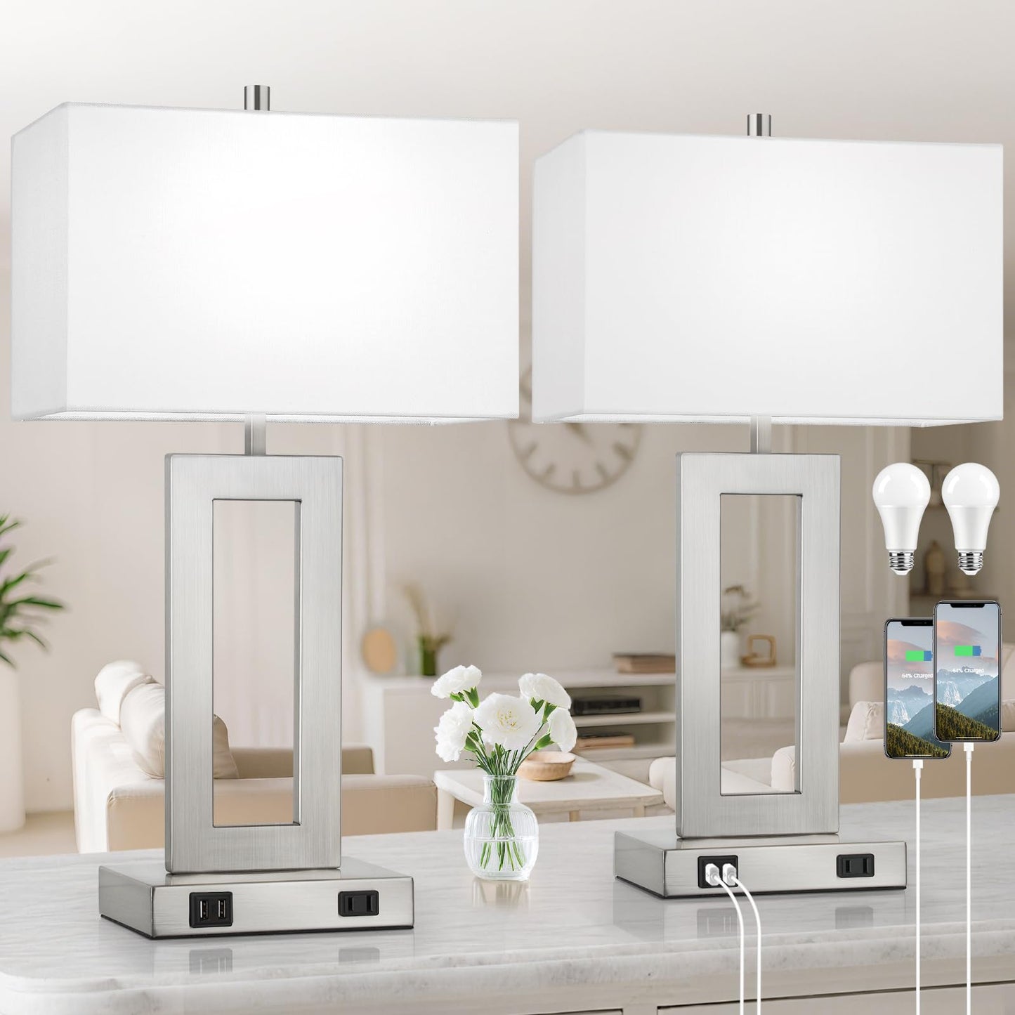 TOBUSA Modern Table Lamps Set of 2, 28in Tall, 3-Way Dimmable Touch Control, Metal & Fabric, White & Silver, Model T0344L-ST+