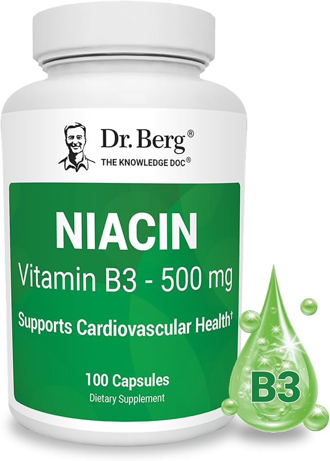 Dr. Berg Niacin 500mg with Flushing for Heart Health & Energy Support* - 100-Day Supply Vitamin B3 Niacin from Dr. Berg Recommended Nicotinic Acid - 100 Capsules