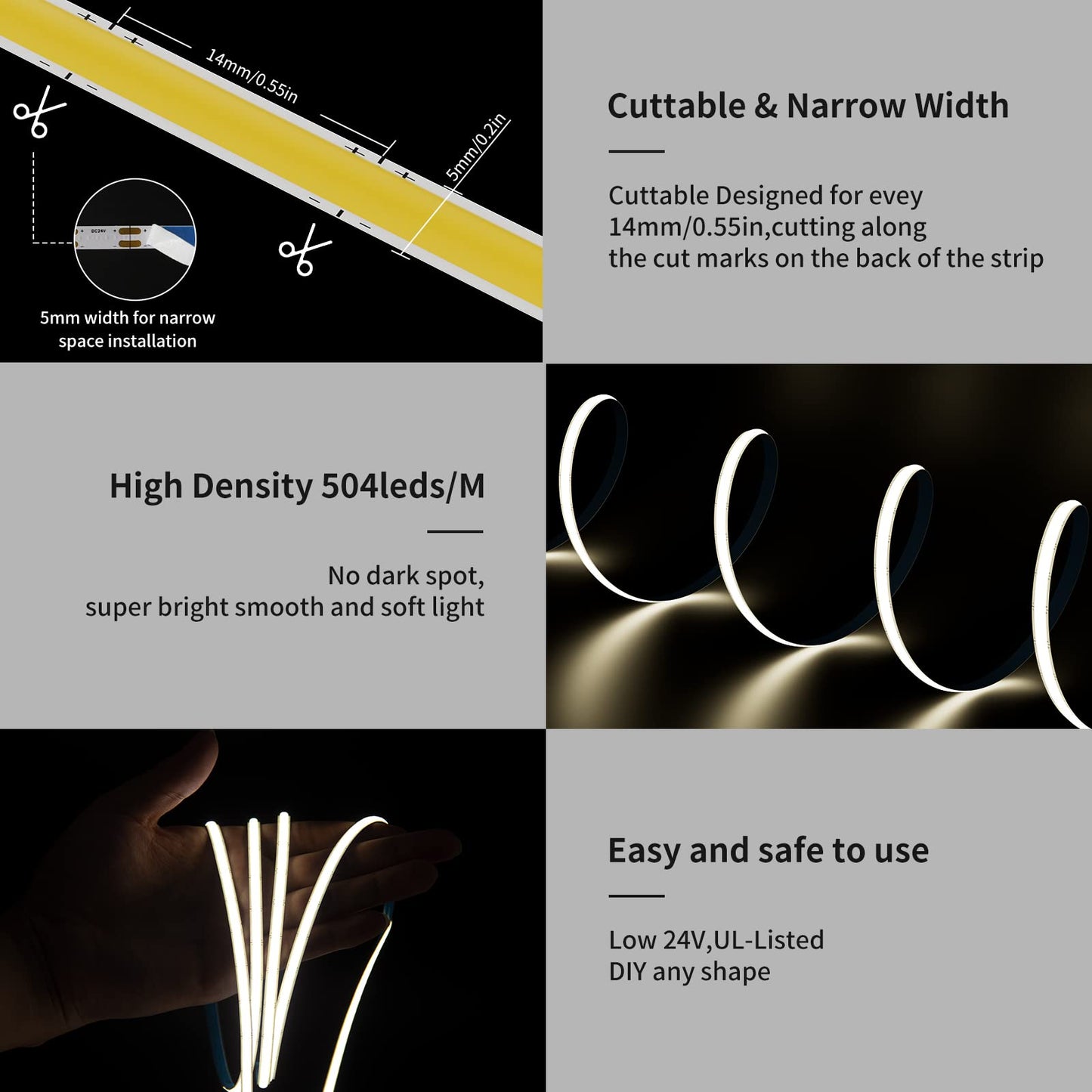 Pautix 5Mm Cob Led Strip Light 16.4Ft, 4000K Natural White, 504 Leds/M, Super Bright Dc24V, Model Snw504W24-
