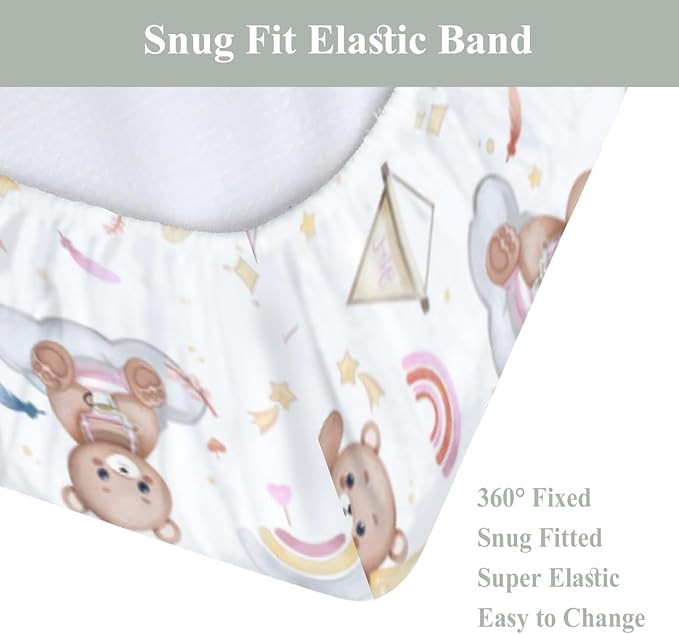 Watercolor Bear Rainbow Pink Changing Pad Covers for Baby Girls Cute Bears Moon Stars Clouds Fitted Change Table Covers Mats Animal Soft Diaper Changing Table Sheets for 32''×16'' Contoured Pad