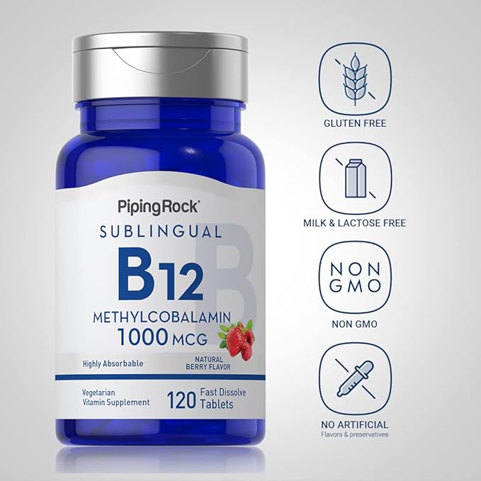 Piping Rock Vitamin B-12 Sublingual 1000 mcg | 120 Tablets | Methylcobalamin | Berry Flavor | Non-GMO, Gluten Free Supplement