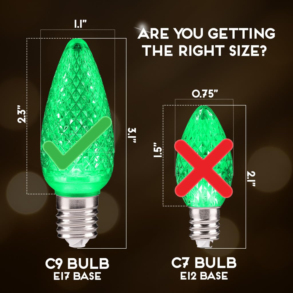 Hlo Lighting Set Of 500 Green C9 Faceted Led Christmas Light Bulbs For Indoor & Outdoor Use | Durable Replacement Bulbs
