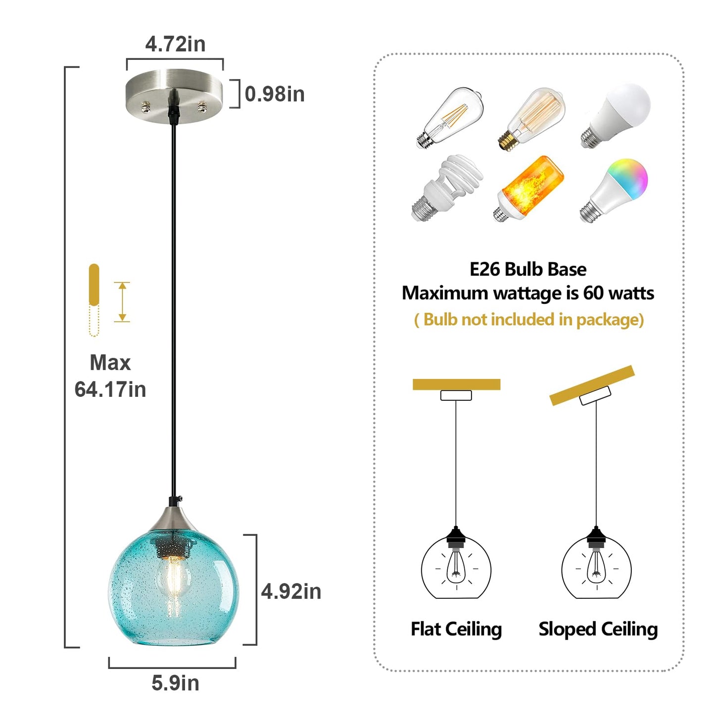 Lbsqj Light Blue Glass Pendant Lights Kitchen Island Globe Pendant Light Fixtures Modern Pendant Lighting For Bedroom Living Dining Room Light Fixture (5.9 In  3 Pack)