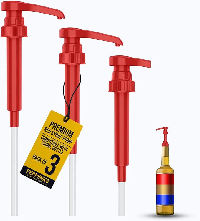 Premium Syrup Pump Compatible with Torani 750 ml Bottle, Davinci Syrups - No Spill, No Clog Syrup Pump Dispenser for Vanilla, Snow Cone, Blueberry, Coffee Flavoring & More (Pack of 3, Red)