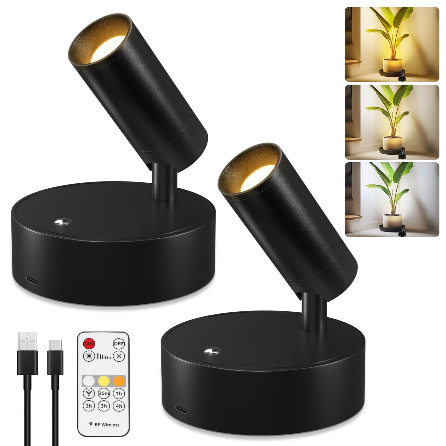 Kimjo Wireless Led Spotlight  Spot Lights Indoor  Uplighting Indoor With Timer And Dimmable  Rechargeable Wall Lights Picture Light Accent Lighting For Plants (2 Pack)