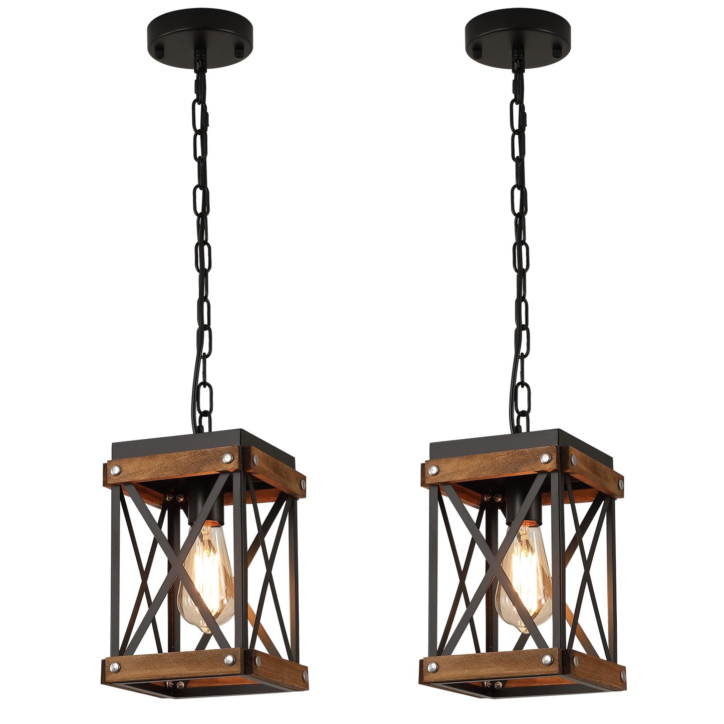 2 Pack Rustic Farmhouse Wood Pendant Light Fixture One-Light Adjustable Chain Oak Wood And Metal Lantern Cage Small Pendant Lighting For Kitchen Island Sink Hallway Farmhouse Bathroom Bar  Black