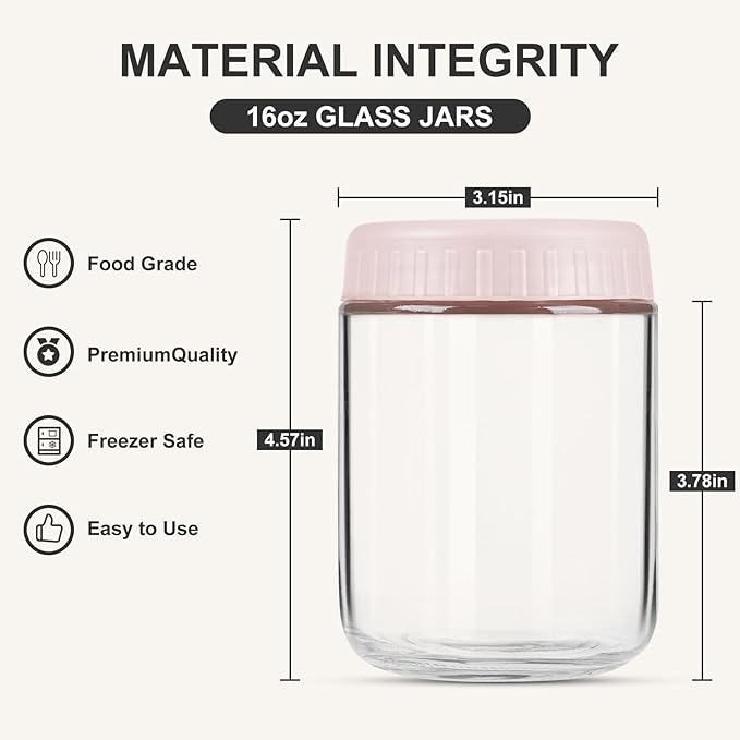 Overnight Oats Containers with Lids, 16oz Glass Jars with Lids 2 pcs, Pink, Wide Mouth Mason jars for Salad, Yogurt, Snacks, Meal Prep