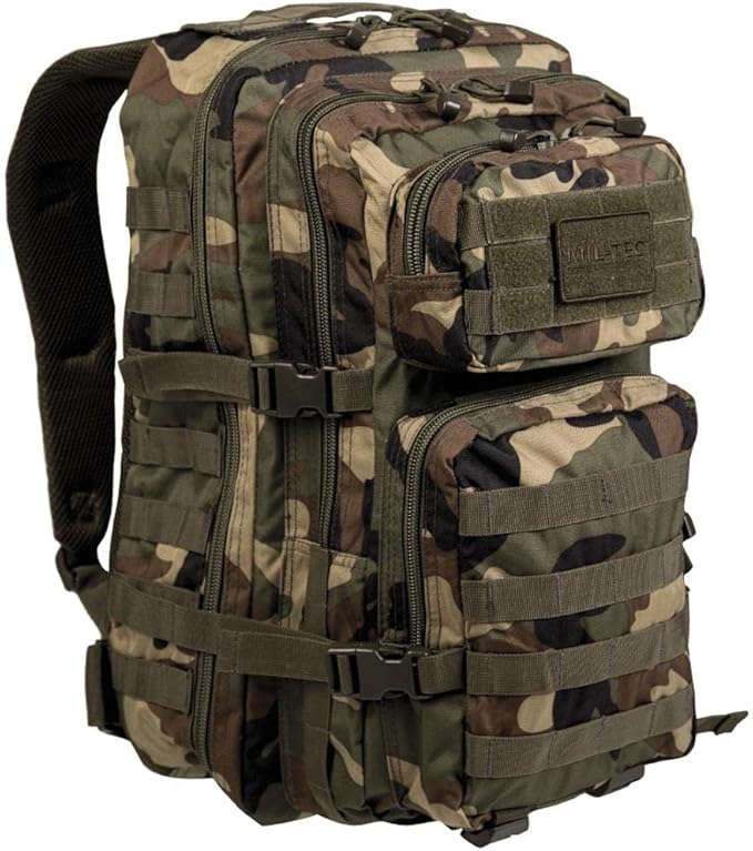 Mil-Tec Unisex Assault Pack - Rugged Durable Lightweight Ergonomic Versatile Tactical Outdoor Camping Hiking Backpack with Adjustable Padded Shoulder Straps & MOLLE Loops, Woodland Camo, 36L