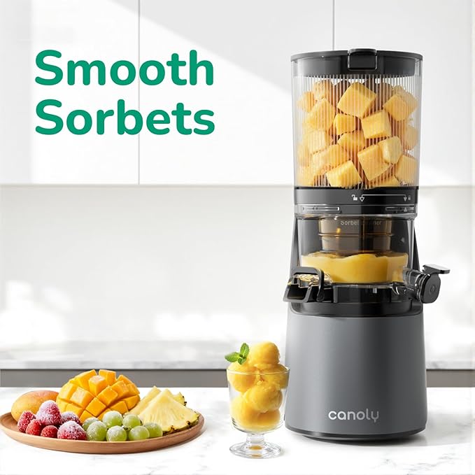 Canoly C16 Cold Press Juicer, with a 6" Wide Chute & Self-Precut, 3-in-1 Strainers (Juice & Sorbet & Nut Milk), BPA-Free Construction, Powered by a AC Brushless Motor (Space Gray)
