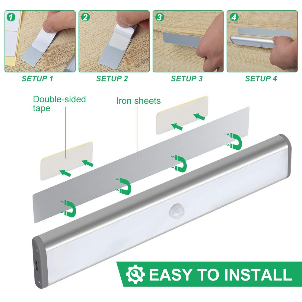 LEPOTEC LED Under Cabinet Lighting Wireless Rechargeable Motion Sensor 10LED Silver-Warm White Light Model WW10-3 (3 Pack)