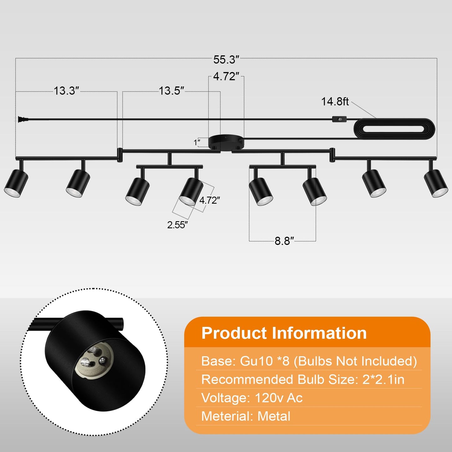 Plug In Track Lighting Led  Track Lighting Fixtures Ceiling  Black 8-Light Kitchen Light Kit  Plug In Wall Light With 14.8Ft Power Cord  Rotatable Ceiling Spotlight For Bedroom(Gu10 Socket  No Bulb)