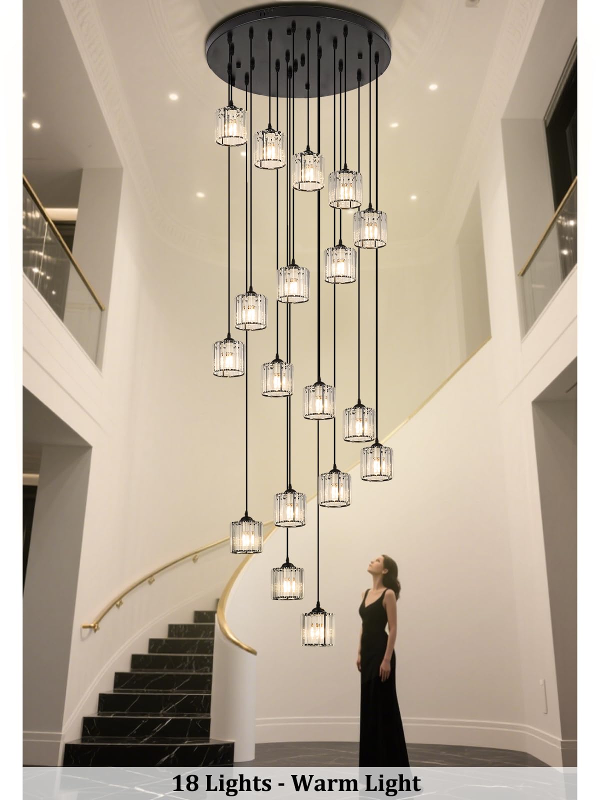 Meimond Long Chandeliers For High Ceilings Modern Crystal Pendant Light Raindrop Drop Lamp Hanging Flush Mount Lighting Fixtures For Spiral Staircase Foyer Entryway Living Room Black (18 Lights)