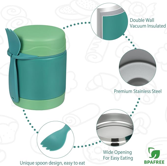 Insulated Kids Lunch Jar - 10oz, Leak Proof Stainless Steel, Wide Mouth, Green