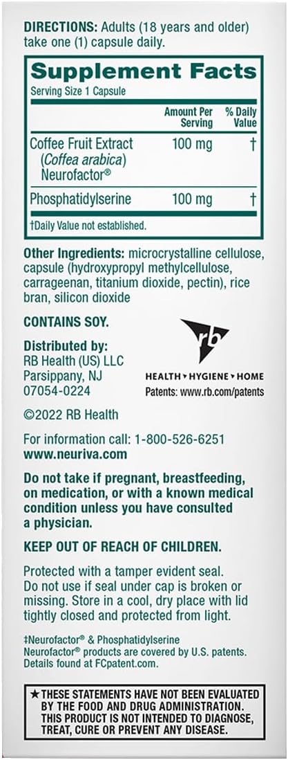 NEURIVA Original Brain Supplement for Memory, Focus & Concentration + Learning & Accuracy with Clinically Tested Nootropics Phosphatidylserine and Neurofactor, Caffeine Free, 30 Capsules (2 Pack)