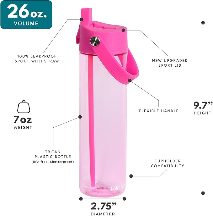 Elemental Splash Water Bottles - BPA-Free Tritan Plastic Reusable Water Bottle with Strap - Ideal for Gym and Sports Leak Proof when Spout is Closed - Hot Pink & Midnight Clear - 26oz (2 Pack)