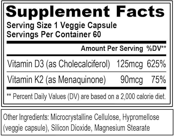 Evlution Nutrition Vitamin D3 + K2 - for Heart Health, Bone + Immune System Support - 5000 IU Vitamin D + 3600 IU Vitamin K - High Potency - Vegan & Gluten Free - 60 Servings - 60 Veggie Capsules