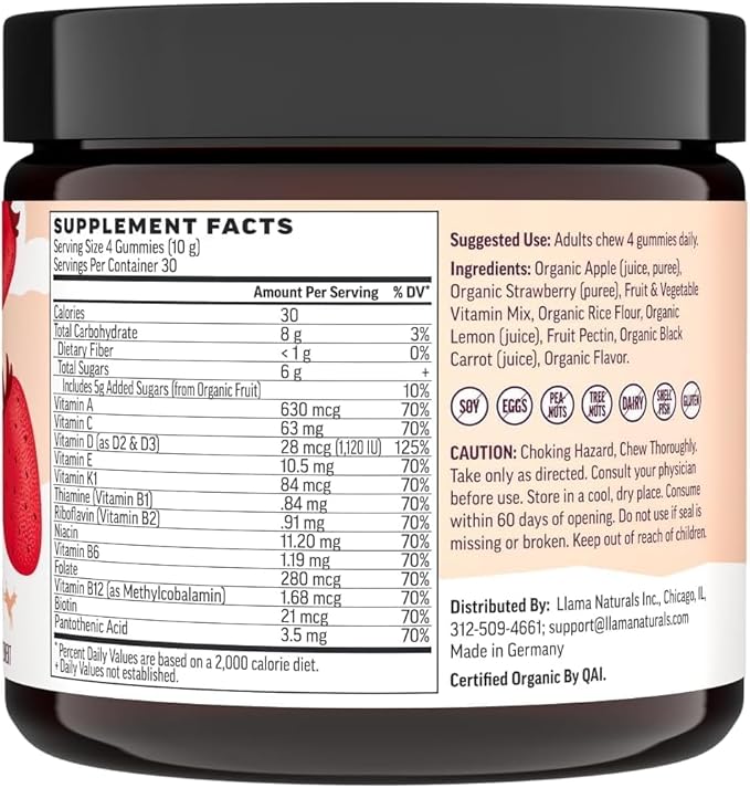 Llama Naturals Men and Women Multivitamin, Vegan, Organic Gummies with Vitamin D, C and K, Real Fruit Gummy Vitamins, Chewable Multivitamin Supplement, Strawberry, 120 Ct