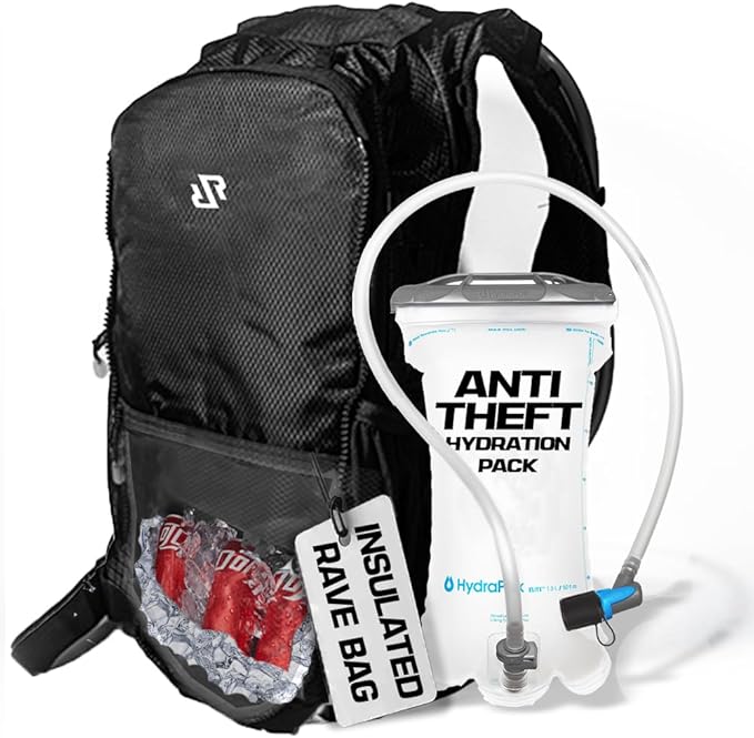 RAVERUNNER® Anti-Theft Hydration Backpack | Festival Approved Rave Backpack for Concert Goers, Leak-Free Festival Water Ba...