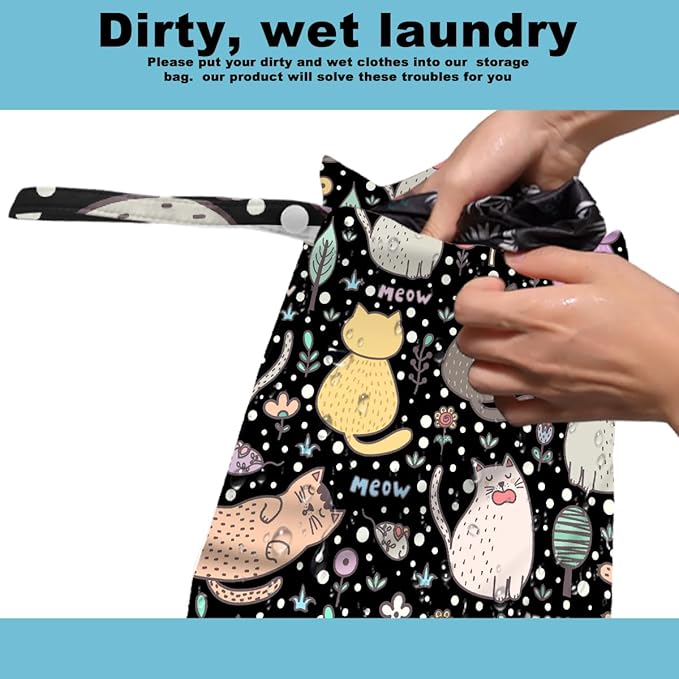 2Pcs Cat Wet Bag 12x10 Inch, Flowers Waterproof Reusable Wet Dry Bags, Floral Washable Travel Laundry Bags for Swimsuit Beach Diapers Dirty Yoga Gym Clothes, Cat Gifts for Women Friend Travelers