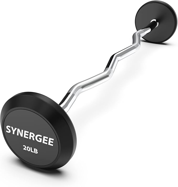 Synergee Fixed Easy Curl Bar Pre Weighted Curved Steel Bar with Rubber Weights - Fixed Weight