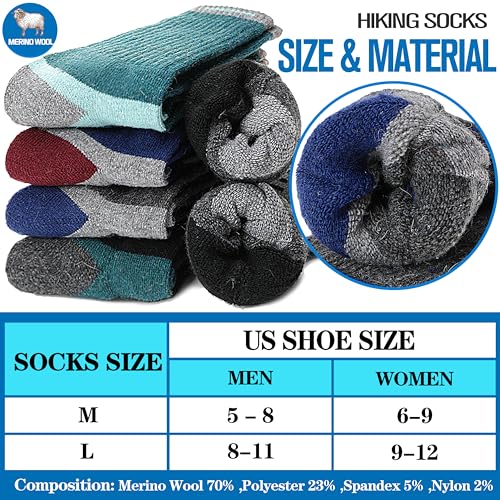 5 Pairs Merino Wool Hiking Socks Warm Thermal Winter Cozy Cushioned Moisture Wicking Socks for Women & Men
