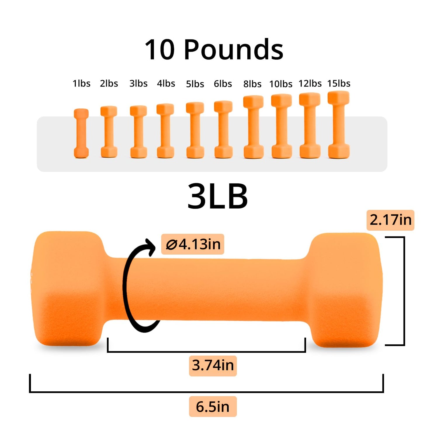 Portzon Weights Orange Dumbbells with Set of 2 Neoprene Dumbbells Set, 3 LB, Anti-Slip, Anti-roll, Hex Shape