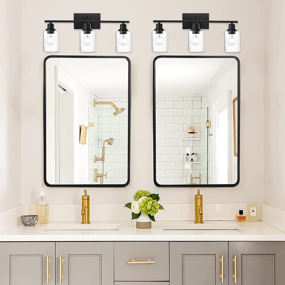 Vinluz Matte Black Vanity Light For Bathroom 3 Light Farmhouse Indoor Bathroom Lighting Fixtures Over Mirror With Clear Glass Shade For Dressing Table