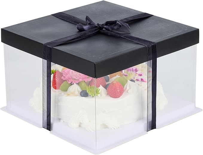 Restaurantware Sweet Vision 10 Inch x 8.25 Inch Transparent Cake Boxes 10 Grease Resistant Base Clear Cake Boxes - Black Lid Black Ribbon Plastic Birthday Cake Boxes For Weddings Or Birthdays