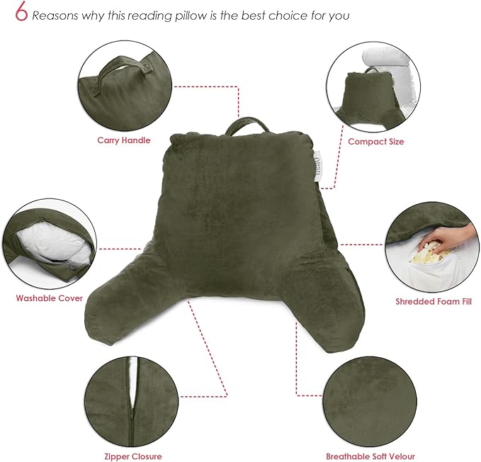 Nestl Reading Pillow Standard Bed Pillow, Back Pillow for Sitting in Bed Shredded Memory Foam Chair Pillow Reading & Bed Rest Pillows Olive Green Back Pillow for Bed, Bed Chair Arm Pillow with Pockets