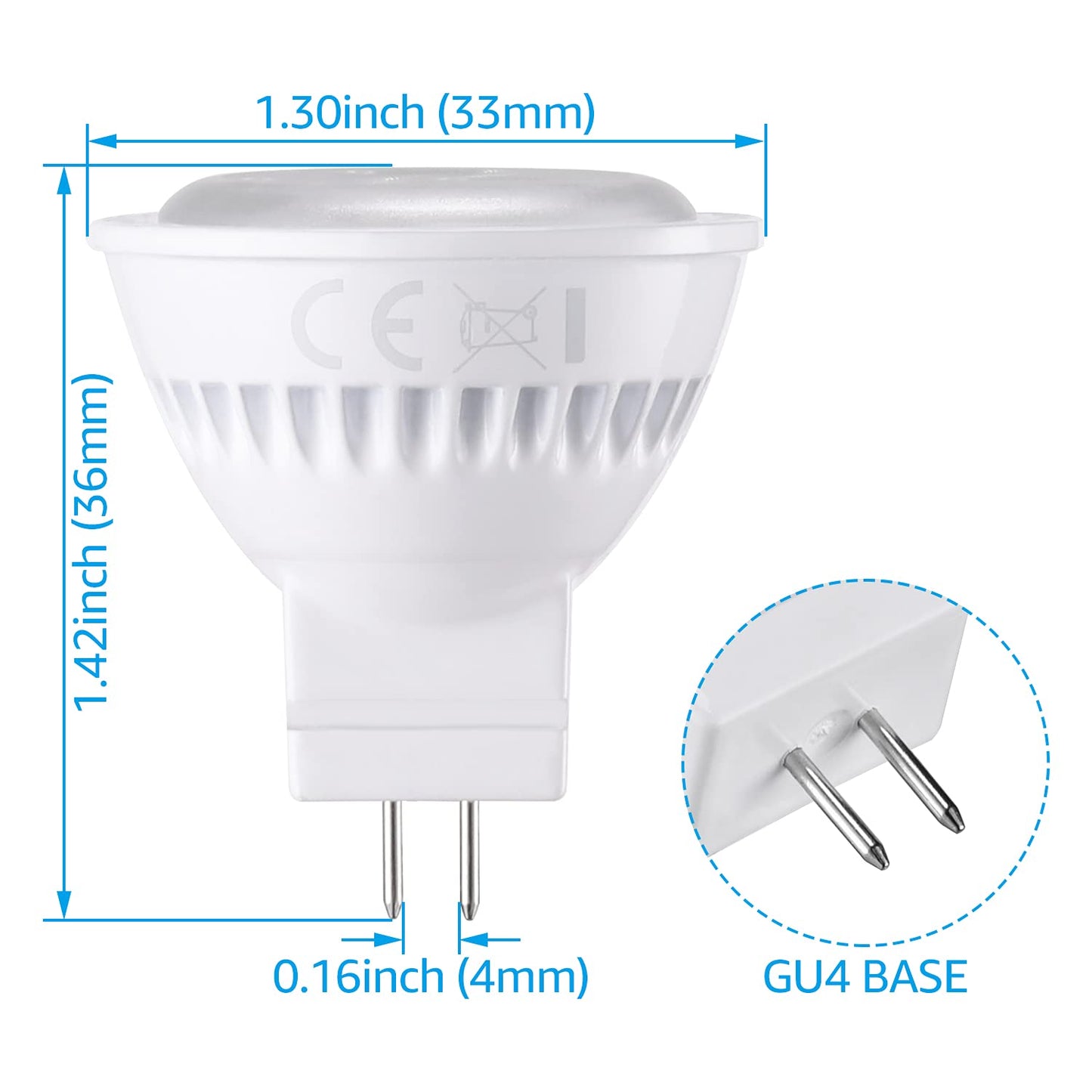 TORCHSTAR LED MR11 Bulbs, 3W Soft White 2700K, GU4 Base, Non-Dimmable, 2 Pack, Aluminum
