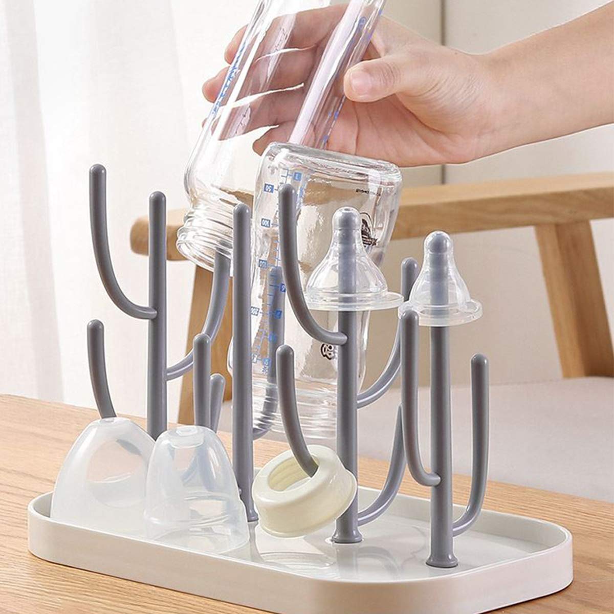 Baby Bottle Drying Rack with Tray, Creative Tree Branch Baby Bottle Dryer Holder for Bottles, Teats, Cups, Pump Parts and Accessories (1 Pc, Beige)