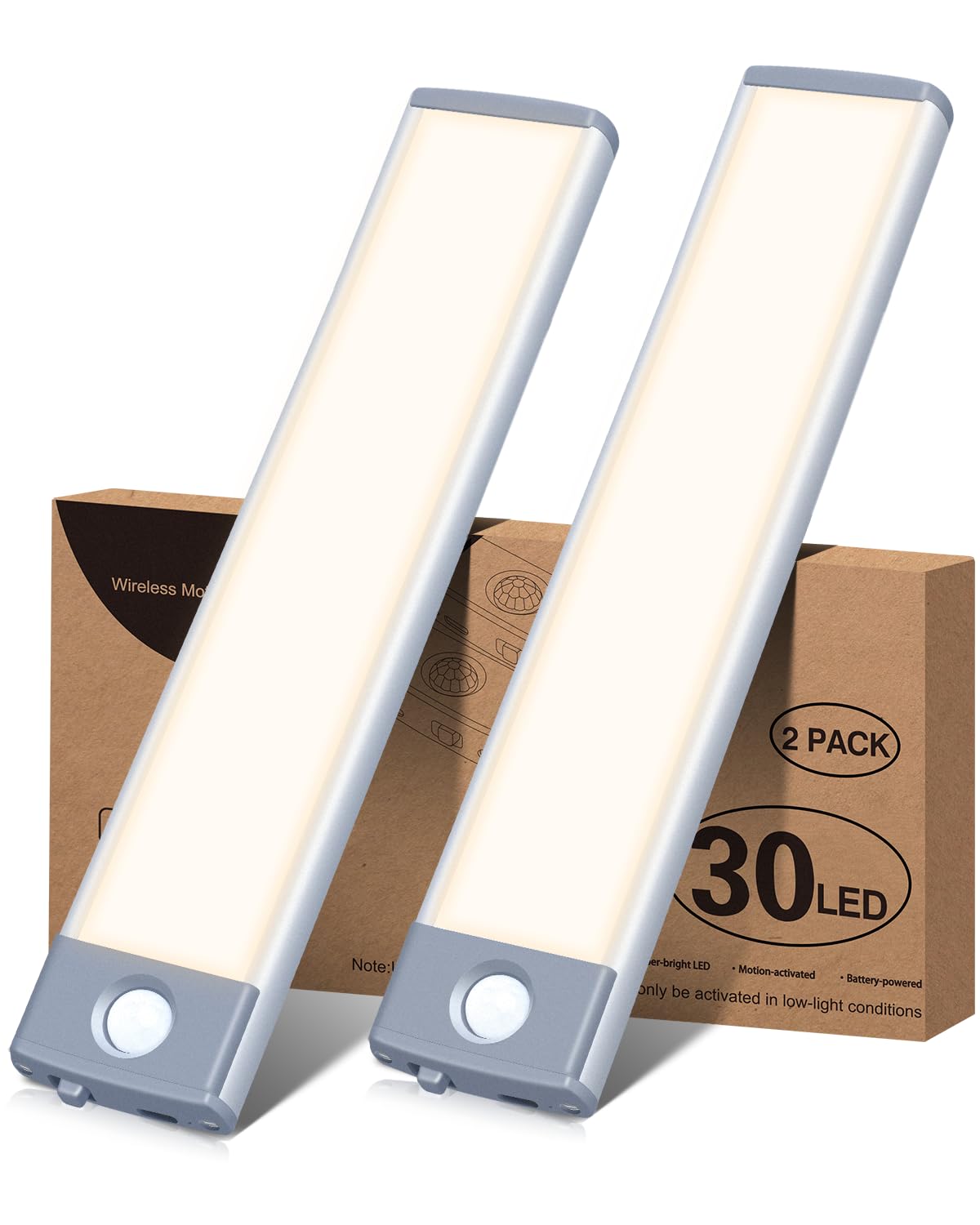 Priorare Motion Sensor Led Under Cabinet Light, 30Led, Warm White, Rechargeable Battery Operated, 2 Pack, Smd2835, Plastic & Aluminum