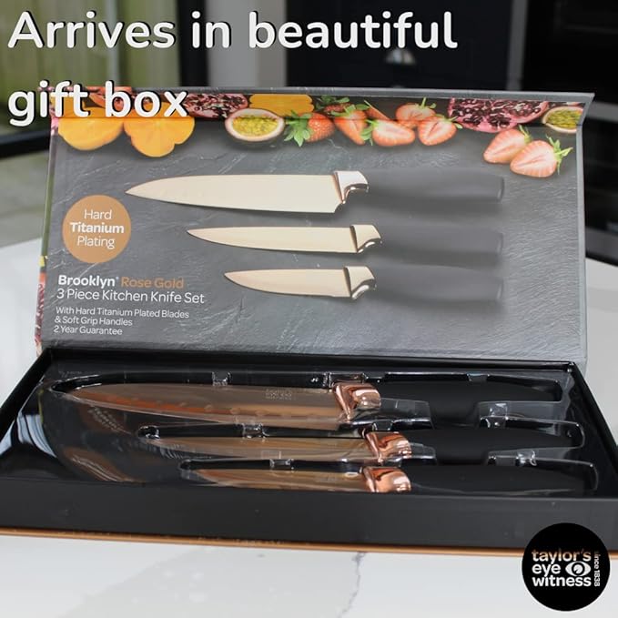 3pc Kitchen Knife Gift Set - Brooklyn by Taylors Eye Witness. Rose Gold Colored Bolsters, Matching Finely Ground Razor Sharp Titanium Coated Blades. Soft Grip Handles. 2yr Peace of Mind