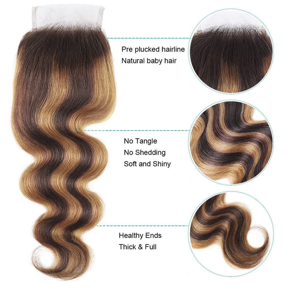 Lace Closure Human Hair Pre Plucked With Baby Hair 4/27 Closure Body Wave Brown To Honey Blonde Two Tone 4X4 Free Part Bleached
