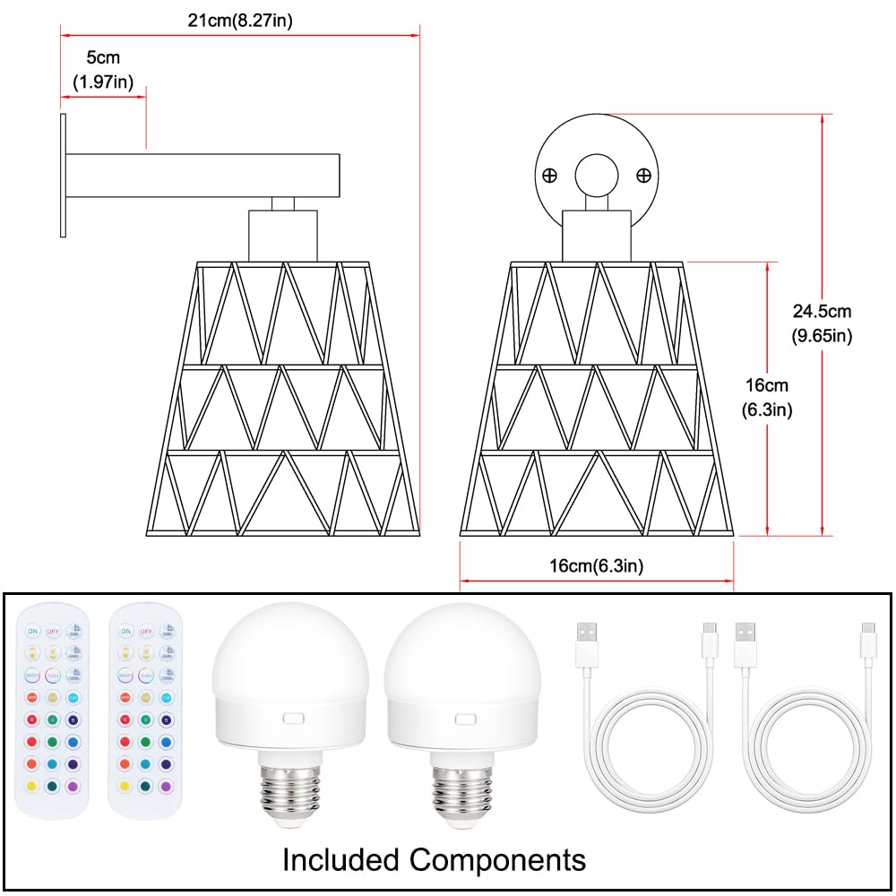 Battery Operated Wall Sconce Set Of 2  Boho Usb Rechargeable Wall Lamp  White Farmhouse Rattan Sconce Lighting With Remote  Rgb 15 Colors Modes Rechargeable Wall Lights For Bedroom Livingroom Hallway