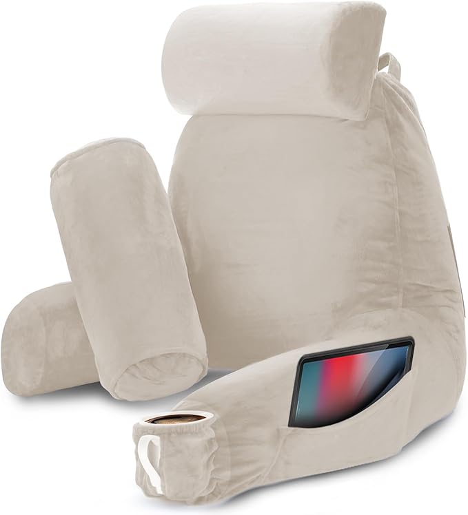 Nestl Reading Pillow Large Bed Pillow, Back Pillow for Sitting in Bed Shredded Memory Foam Chair Pillow, Reading & Bed Rest Pillows Linen Back Pillow for Bed, Bed Chair Arm Pillow with Pockets