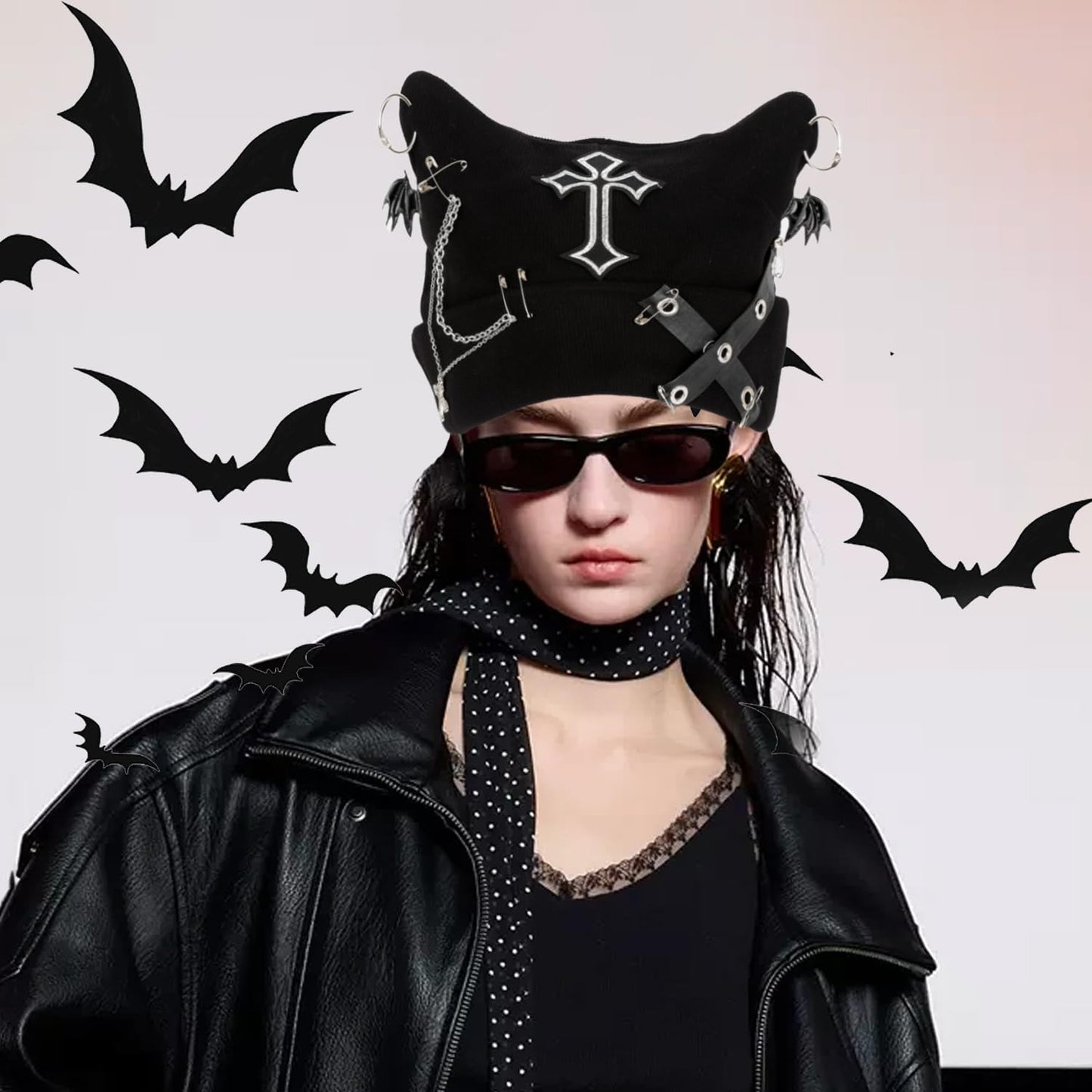 Arogheiz Womens Grunge Beanie Goth Crochet Hat, Y2K Cat Fox Ear Beanie Gothic Accessories Winter Outdoor Streetwear Black