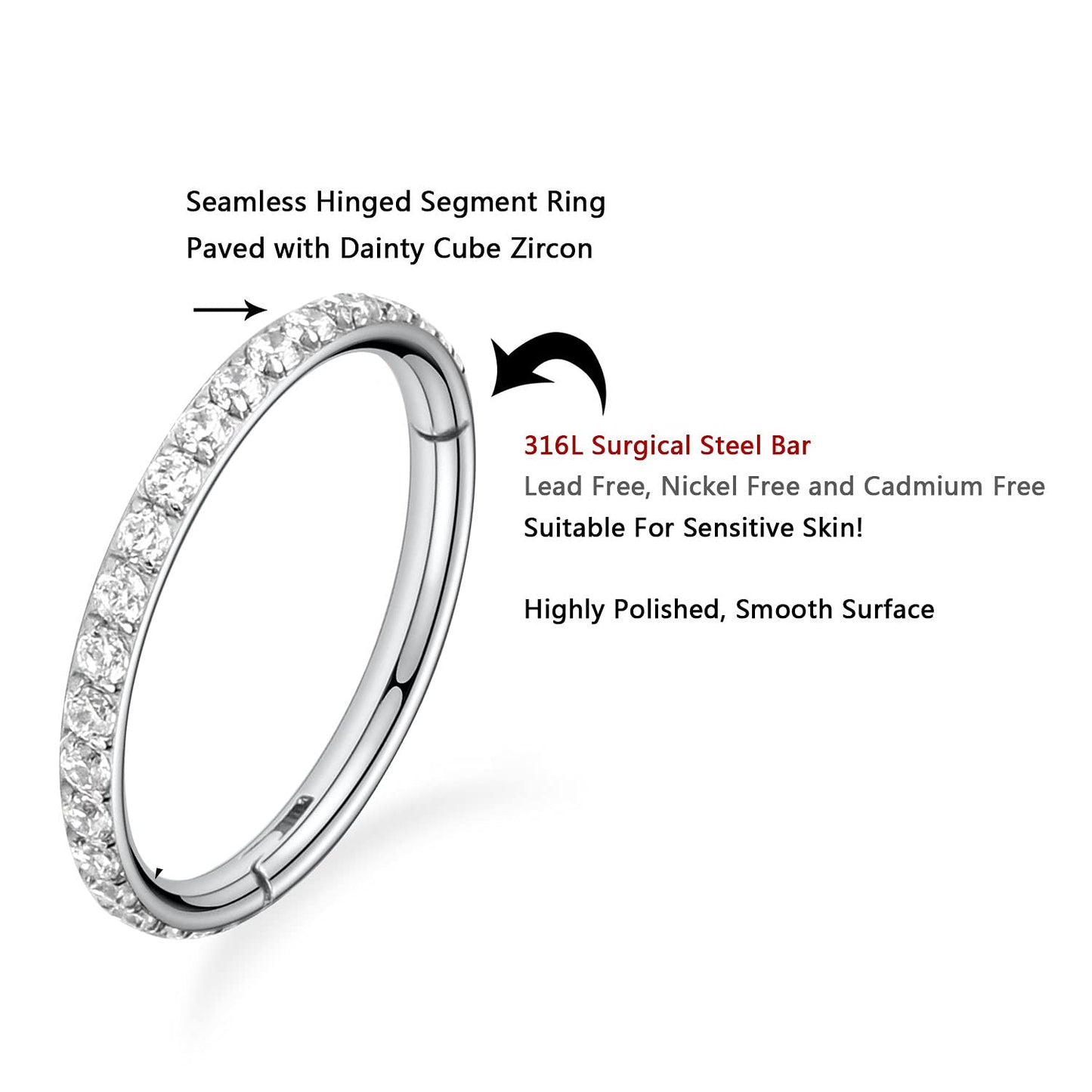 FUNLMO Nose Rings 20G Hoop Cartliage Earrings for Women Clear CZ Paved Nosril Piercing Hoop Stainless Steel Tragus Helix Earring