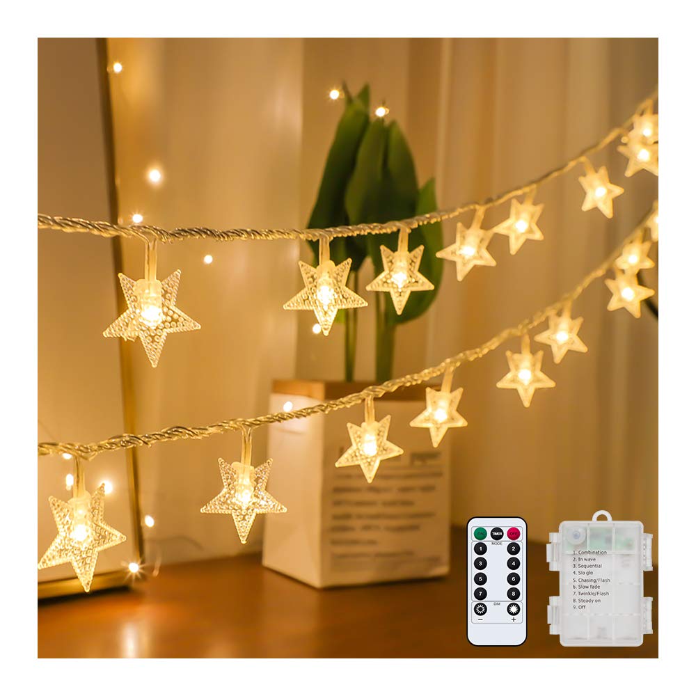 Tasodin Star String Lights, 40 Led Waterproof Fairy Lights, 20Ft, Warm White, Battery Operated With Remote Control For Home & Party Decor